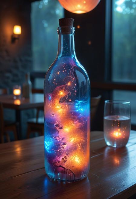 8k, Raw digital photo, lthndrtrl, a bottle and a glowing interfaces glass on a table in a restaurant, filled with liquid made of glow of bioluminescent, ethereal quality environments, glowing particles, minimalist, dark background,