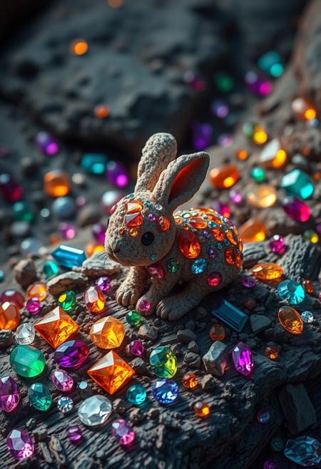 A hyper-stylistic, extremely detailed image depicts a rock loaded with precious jewels, each one shining with a brilliant, inner light. The jewels are scattered across the rock's surface, casting a kaleidoscope of colors across the surrounding area. Amidst the treasure, a cute animal made from rock itself is cleverly camouflaged, blending seamlessly into the surrounding geology. The animal, a tiny, rabbit-like creature, is also covered in jewels, its body sparkling with a mesmerizing array of colors. Every detail of the scene is meticulously rendered, from the intricate, faceted surfaces of the jewels to the delicate, textured patterns on the animal's rocky fur. The overall effect is one of breathtaking, whimsical wonder, as if the very earth itself has given rise to a tiny, shining treasure. highest-Quality, intricate details, visually stunning, Masterpiece