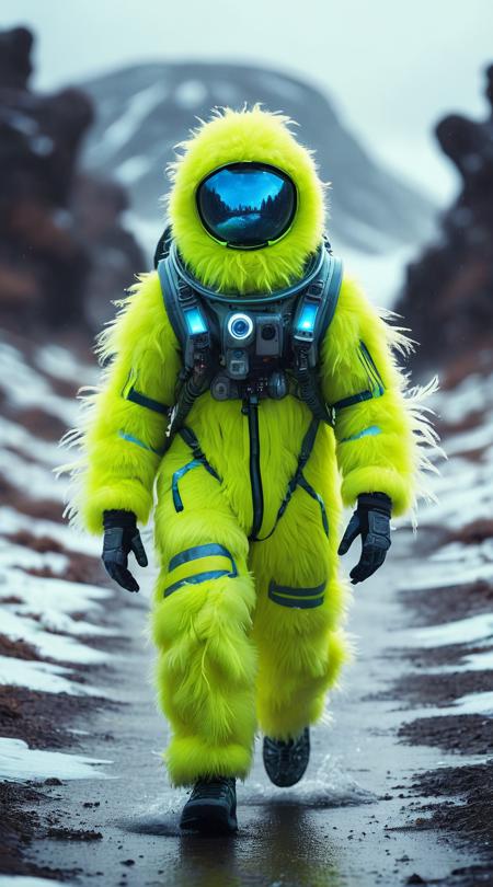 Intergalactic alien, traversing a dangerous path, Overcast sky diffusion, frosty with a cold snap, fluorescent highlighter colors, straight-on frontal view, wide angle with plenty of context, realistic depiction style, fluffy down feathers, subtle film grain noise, overexposed highlights draw, glimmering water surface.