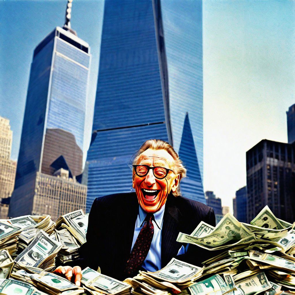 Larry Silverstein laughing in a pile of money in front of a smoking World Trade Center
