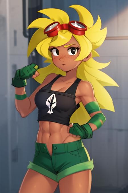 <lora:solar_flare_(plants_vs_zombies_heroes):1>, solar_flare_(plants_vs_zombies_heroes), masterpiece, best quality, 1girl, solo, goggles, blonde hair, goggles on head, breasts, shorts, freckles, dark skin, dark-skinned female, navel, gloves, green shorts, midriff, medium breasts, crop top, spiked hair, cowboy shot, clenched hands, black eyes, shirt, looking at viewer, abs, fingerless gloves, green gloves, tank top, bare shoulders, long hair, off shoulder, black shirt