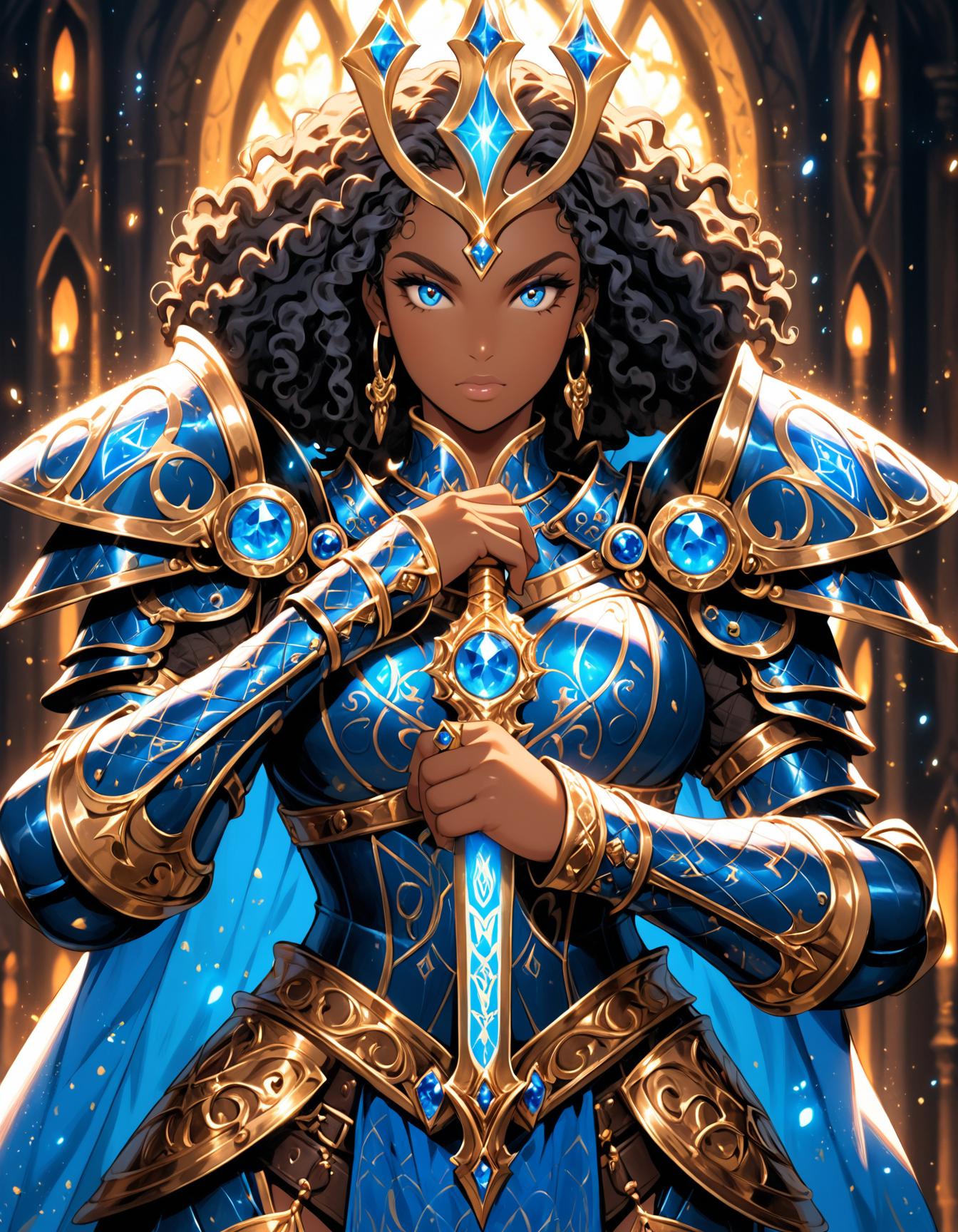 dark-skinned warrior woman, curly hair, intricate blue and gold armor, glowing blue gems, medieval fantasy, ornate armor, regal warrior, detailed face, highly detailed, full body armor, blue and gold aesthetic, serious expression, heroic stance, magic runes, highly detailed background, magical aura, glowing gems, fantasy setting, majestic pose