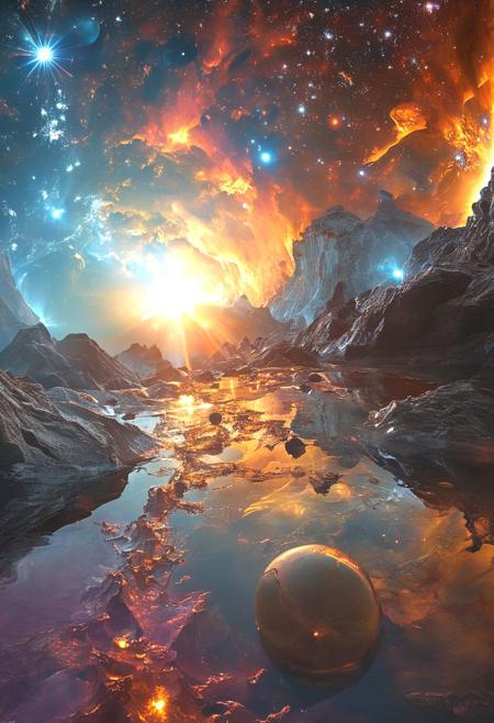 A panoramic vista of a nascent solar system in the throes of creation. Earth, a swirling ball of molten rock, and other nascent planets coalesce from a vast, turbulent cloud nebula. Tendrils of gas, sculpted by the gravitational pull of these forming celestial bodies, shimmer with vibrant hues of orange, purple, and blue. In the distance, a newly ignited sun blazes with ferocious intensity, its fiery corona casting long, dramatic shadows across the chaotic ballet. A streak of icy white slices through the scene – a majestic comet, its tail trailing wispy tendrils of frozen water. As it hurtles towards the fledgling solar system, the comet sheds a shower of icy debris, potentially seeding the forming planets with the building blocks of life. This is a scene of raw power and nascent beauty, a glimpse into the fiery womb from which our solar system was born, enriched by the icy kiss of a cosmic visitor.