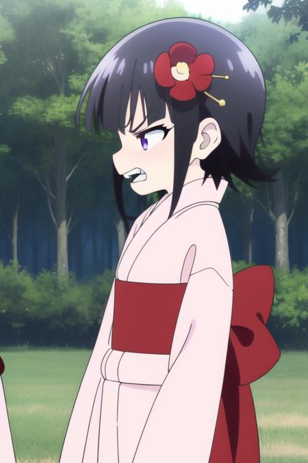 Suzu, Suzu, hair ornament,　purple eyes, hair flower,　short hair, bangs,　red flower ponytail, holding weapon, red headband,