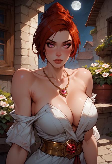 Assumi laying on her back on the ground,
Top-down view,
1girl, solo, Assumi, black eyeliner, pink eyes, open eyes, natural makeup, angel face, red hair, short hair, single hair bun, white long cocktail dress, golden waist belt, white shoulders curtain, golden necklace, red open top heels, cleavage, curvy, large breasts,
Balcony, flowers in pot,
Night, moon lighting, shadows cast,
Masterpiece quality, high definition, detailed face, 
Expressiveh, easynegative,
score_9, score_8_up, score_7_up, score_6_up, score_5_up, score_4_up, uncensored, BREAK