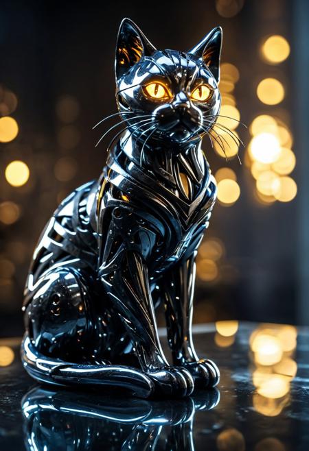 a forged carbon futuristic cat sculpture, glowing cyber eyes, sitting on a reflective glass surface, dramatic lighting from below, cinematic shadows, bokeh background, depth of field, intense light reflections, HDR sharp focus