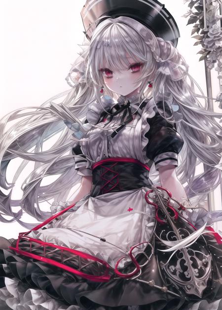 1girl, apron, black_gloves, cross, dress, earrings, eyebrows_visible_through_hair, floating_hair, flower, frills, gloves, heterochromia, holding, holding_flower, jewelry, long_hair, looking_at_viewer, maid, puffy_sleeves, red_eyes, red_flower, red_rose, rose, solo, very_long_hair, white_flower,masterpiece,best quality,ultra-detailed, ray tracing,perfect lighting, cowboy shot,(shiny skin:1.2)[wet with oil:0.3],reflection, ,        <lora:onineko-v1:1>, <lora:flat:-1>