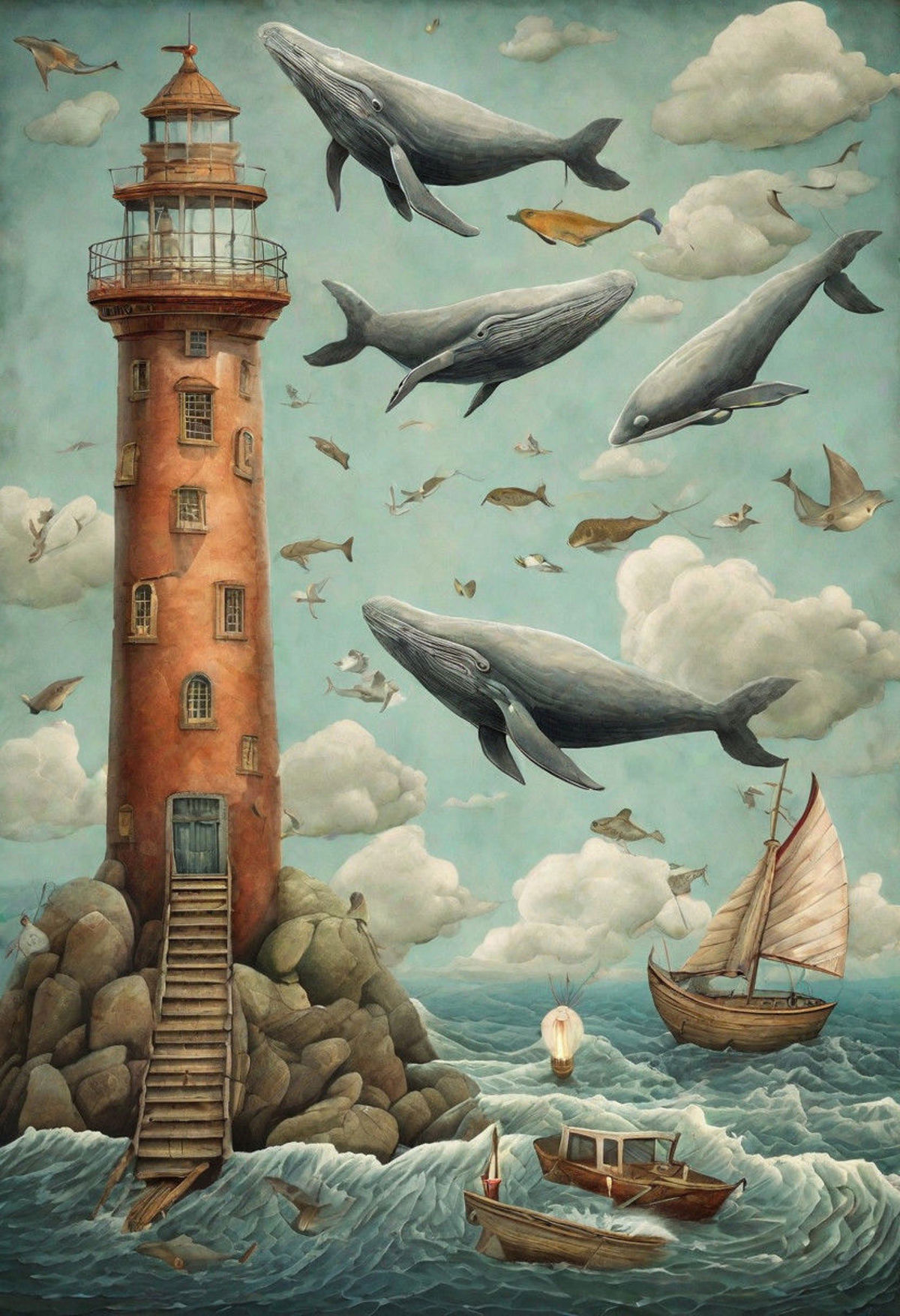 A painting of a lighthouse with whales and a boat.