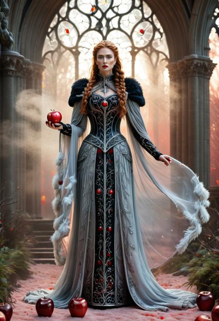 murano_glass_style, Realism_Quality_2xx_By_Stable_Yogi, (cathedral:2), indoors, standing, 1woman, solo, long hair, black choker, eyeliner, gorgeous lips, covered breasts, cinematic, best quality, ultra-detailed, very aesthetic, (big red glowing eyes:1.4), freckles, aloof, (masterpiece:1.1), small waist, fitness body, wide hips, 32 years old, golden blond hair, censored, (big stained glass windows:1.4), (Victorian dress:2), high end closure, Evil Queen, cinemascope, moody, epic, gorgeous, film grain, (holding glowing red apple:2.4), (pink ground fog:2), natural hands, red elbow gloves, knee boots, dramatic , sunset, (red sky:1.6), window, ritual magic, freyja, auburn hair, braided hair, magic, forest, Viking queen, mythic beauty, feathered cloak, fur, armor, robe, braid, rune jewelry, photorealistic, cinematic, flowers, jewelry, photorealism, cinematic lighting, high fantasy, mythic portraiture, soft background, northern folklore aesthetic, (fully dressed:2), trained,