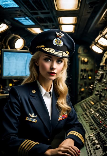 Show me a picture of a gorgeous blond woman in the control room of a nuclear submarine, woman is the captain of the submarine, in command, in charge, looking through the periscope, dark mood lighting, movie set lighting, sexy uniform, cleavage,