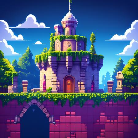 A platform game, celeste, Castlevania, pixelart, castle outside, sunny, spring, flowers, platformer,