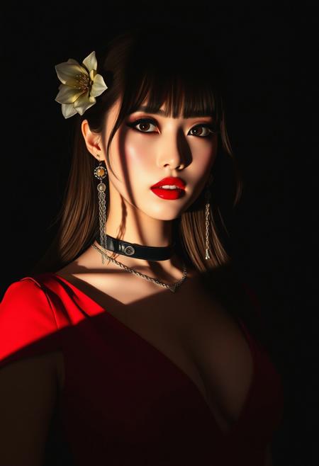 midjourney_whisper_avant_couture, photorealistic illustration, Silhouette Art, breathtaking detailed, masterpiece, awe-inspiring, dark background, photorealistic portrait of stunning Japanese supermodel, long brown hair, bangs, sidelocks, flower hair ornament, lips parted, dark eyeshadow, red lips, make-up, red cocktail dress with plunging neckline, cleavage, long earrings, necklaces, choker, silhouetted, light hitting one side of face, the other side in darkness