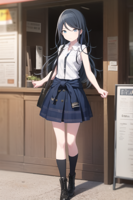 ichika, looking at viewer, skirt, simple background, shirt, gloves, bare shoulders, closed mouth, standing, full body, white shirt, pleated skirt, small breasts, boots, necktie, sleeveless, black gloves, socks, striped, shiny, collared shirt, belt, hand up, fingerless gloves, black skirt, black footwear, high heels, sweater, hand on hip, plaid, kneehighs, sleeveless shirt, thigh strap, plaid skirt, expressionless, suspenders, black background, black socks, straight hair, tsurime, cross-laced footwear, high heel boots, single glove, contrapposto, dot nose, lace-up boots, ankle boots, clothes around waist, blue sweater, jacket around waist, sweater around waist<lora:HoshinoIchika-07:0.74>