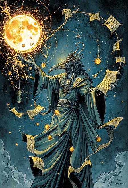 Thoth, god of wisdom and the moon, conjures a vortex of hieroglyphic light with a sweeping gesture, ibis head tilted as scrolls and stardust spin around him in a gravity-defying spiral. His robes flow like liquid ink, eyes fixed on cosmic truth.
Style: Moebius × Craig Davison — surreal cosmic detailing with gestural energy and stylized mysticism.