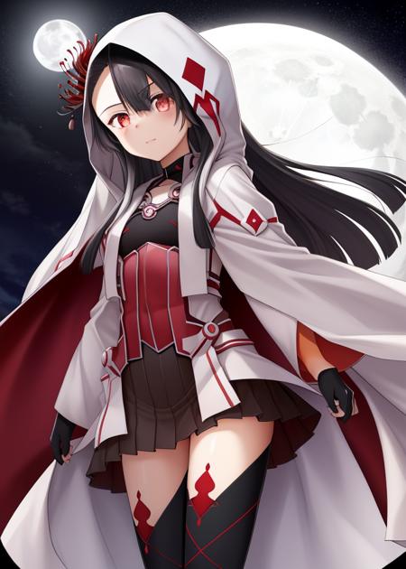 <lora:Koori_Chikage-10:1>,Koori_Chikage, 1girl, solo, long hair, black hair, red eyes, very long hair,flower,thighhighs,flower,White pleated skirt,White japanese clothes, black thighhighs, wide sleeves,hood, night, moon, red flower, cloak,spider lily,full moon,sky,cloud,