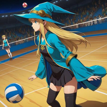 A masterpiece anime image of a witch school volleyball field with students in skirts playing volleyball 
BREAK
Mid shot anime of a witch girl with long blonde hair, blue and turquoise silk wizard robe, wide witch hat, shot from the side, 3/4 profile, the girl is playing volleyball, volleyball service, from above 
BREAK
AMAZINGLY DETAILED, ultra detailed, aesthetic high resolution, high quality, Legend of Zelda style, Ghibli style, anime, Cowboy bebop style
