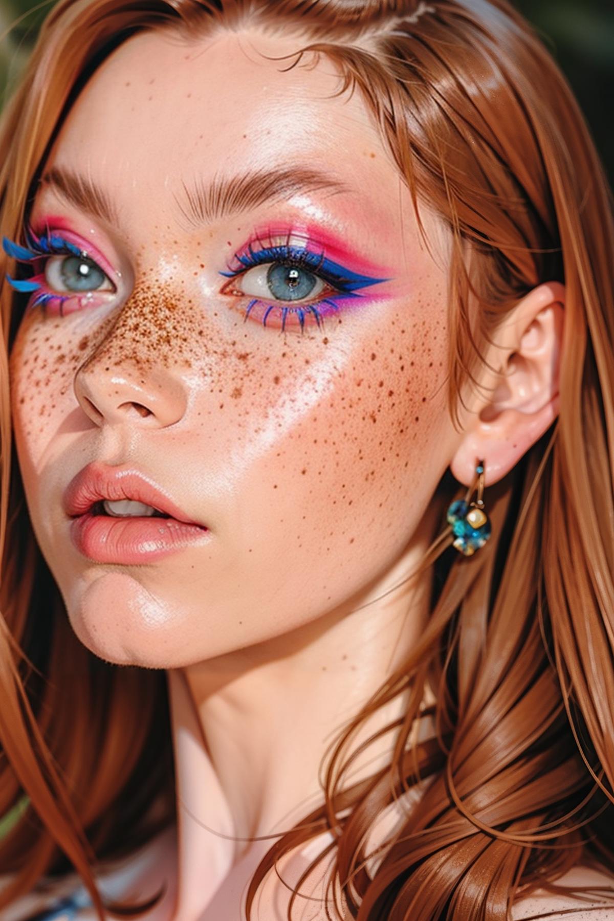 A woman with freckles and blue eyes wearing blue and pink makeup.