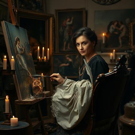 Reneissance painter woman painting in her 18th century art studio which is dimly lit by candles, for her few meters away is posing a cat on a elegant 17th century chair. she has determined look and moving her paintbrush across canvas, her studio is full of different finished and unfinished paintings, masterpiece, dramatic light.