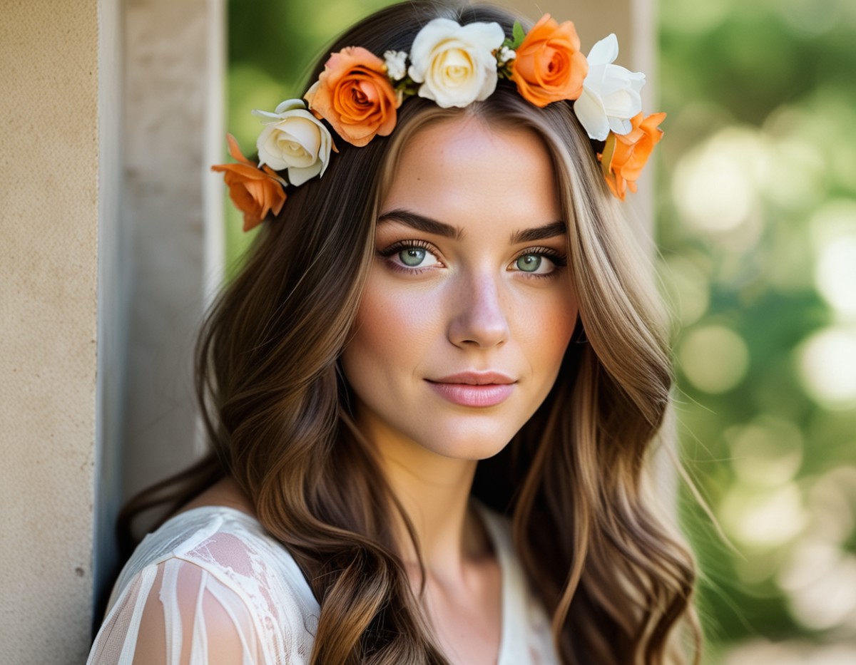 A beautiful young woman with long, wavy brown hair is the central focus of this serene summer scene. She wears a floral cr...