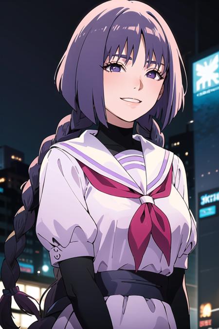 (best quality), (highly detailed), masterpiece, (official art),sumire kakei, smile, school uniform, serafuku, sailor collar, twin braids, neckerchief, purple skirt, black sleeves, black shirt, medium breasts, looking at viewer, city, night, sky, (upper body), (intricately detailed, hyperdetailed), blurry background,depth of field, best quality, masterpiece, intricate details, tonemapping, sharp focus, hyper detailed, trending on Artstation,1 girl, high res, official art