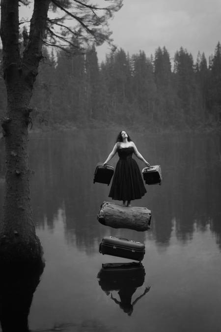 <lora:Photographer Maren Klemp Style:1>Photographer Maren Klemp Style - a woman is floating in a lake with suitcases and a tree trunk