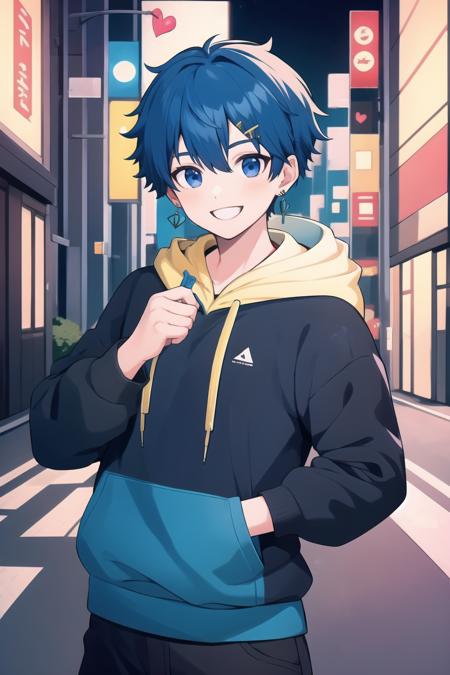 <lora:noyrv2:0.7> male focus, male only, looking at viewer, japanese intersection, traffic lights, busy street, hoodie, blue hair, blue eyes, smile, heart earrings