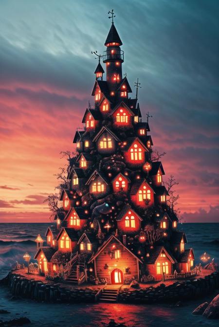 the fairy gum drop village of candy, nightmare, blood rain, blood red skies, ethereal, blood soaked ocean of bones and skulls, masterpiece, best quality, highly detailed, professional color grading, film grain, atmosphere, wondrous,  8k resolution, hyper realistic,