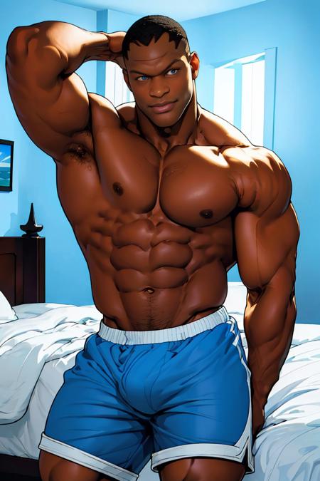 (best quality, masterpiece, ultra detailed), SFBalrog, (blue shorts), shirtless, detailed eyes, detailed face,  relaxing on bed, hands behind head,, pectorals, abs, bulge:1.1, smirk, hands behind head, bulge, medium shot, lying on bed, bedroom, highres, sharp picture, mood lighting, intricate details, erotic picture, handsome man , detailed eyes, best quality, masterpiece, highres, perfect picture, highly detailed, high contrast , digital colors, bright colors , perfect face, looking to viewer ((masterpiece, highres, perfect picture)), (detailed:1.2), atmospheric,best quality, masterpiece, highres, perfect picture, highly detailed, high contrast , digital colors, perfect face, <lora:SFBalrogv2-stasis-000003:1>