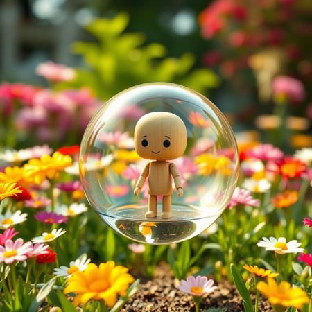 8k, realistic photo, natural lighting, a cute wooden chibi effigy standing in the middle of a small floating bubble, garden full of colorful blooming flowers,