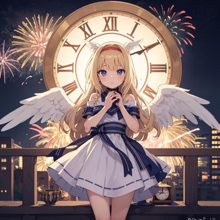 a 1girl with angel wings and a clock in the background with fireworks and stars around her, and a clock in the middle of the image, Alice Prin, elysium, a detailed drawing, neo-romanticism