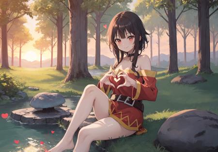 masterpiece,best quality, (Highest picture quality), (Master's work),(8K wallpaper),
extremely detailed, perfect lighting,highres,reality ray tracing,
1girl,Megumin,megumin's style,sunset,
smile,(heart hands:1.2),sitting on stone,forest,river,butterfly,mushroom
 <lora:Megumin_V1.0-000006:1>