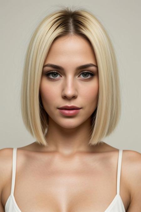 beautiful face,1girl mix White Middle Eastern , solo, dirty blond bob hair, bare shoulder, white background