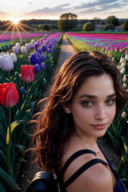 sharp focus, natural lighting, subsurface scattering, f2, 35mm, film grain,matte skin, pores, colors, hyperdetailed, hyperrealistic, ultra detailed,  smirk, smile, grin, 1girl, solo, rule of thirds, perfect compostion, detailed hair and face, detailed eyes, pupils perfect face, detailed nose, cheeks, (lips:1.2), ears, A flowy wrap skirt paired with a silky blouse. soft, pastel tones or classic neutrals, strappy sandals, small crossbody bag. In the enchanting glow of the golden hour, the photographer captures an upper body portrait of the model, elegantly posing in a vast field of purple tulips. The expressive gaze harmonizes with the warmth of the setting sun, turning the scene into a captivating canvas for her allure. Dramatic folds and rich tonal contrasts unfold against the sea of golden blooms, accentuating the model is natural contours. The play of sunlight, casting a soft glow on the delicate petals and her attire, imparts a warm radiance to the setting. Subtle textures and timeless elegance interweave, creating a visual masterpiece that seamlessly blends the model is modern style with the natural beauty of the purple tulips field. In the serene simplicity of this pastoral setting, the photographer transforms sunlight into an art form. The model effortlessly integrates into the floral surroundings, each fold and highlight contributing to a composition that captures not only the visual but also the tactile essence of the moment. The vast expanse of purple tulips, stretching towards the horizon, completes this captivating portrait in nature is golden embrace.  <lora:add_detail:0.8>