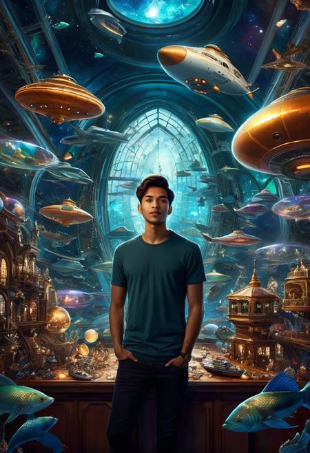 A digital painting of a young man with radiant brown eyes, surrounded by futuristic mermaid dolls amidst otherworldly space ships, all encapsulated within a grand Time Travel Building, rendered in ultra-high definition, dramatic lighting, cinematic, ultra-realistic.