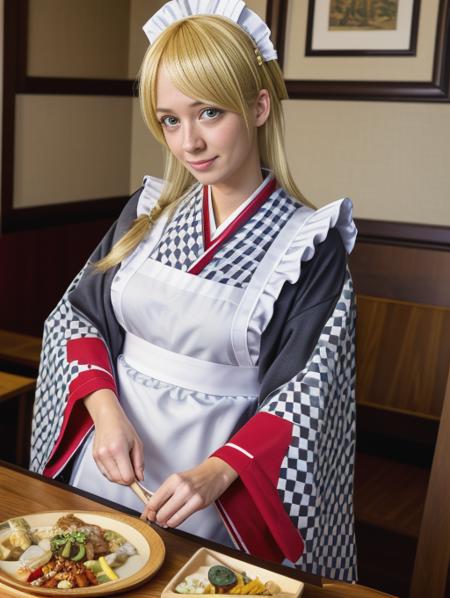 best quality, masterpiece, highres, detailed, perfect anatomy,  <lora:Detail - add_detail:0.2> , WafuMaidCh, checkered kimono, apron, frills, restaurant, <lyco:WafuMaid-10:0.8>, european 30 year old woman, milf, makeup, cosplay, blonde hair,