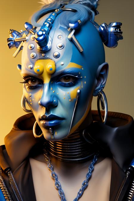 a woman with a blue face and yellow face paint and a blue head with silver spikes on his head, Enki Bilal, cyberpunk style, cyberpunk art, afrofuturism