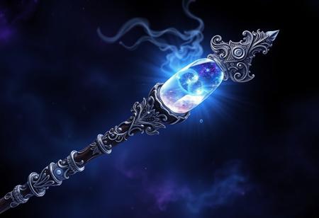 ornate staff, glowing with cosmic energy, intricate carvings along the length, radiating celestial light, a floating crystal at the tip, swirling galaxies and stars within the crystal, dark wooden core entwined with silver vines, pulsating with astral power, soft radiant glow, deep blue and purple hues, photorealism, high resolution, ((masterpiece)), soft glowing runes engraved along the staff, misty cosmic vapor swirling around the top, cosmic energy radiating from the staff, divine and powerful, ancient and revered, enchanted with celestial magic