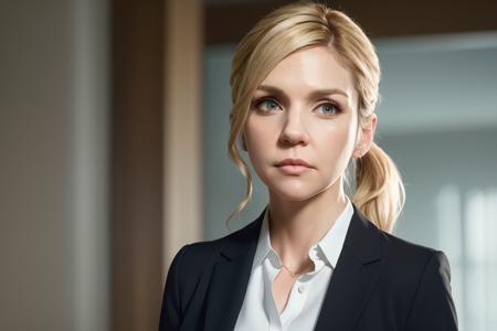 Kim Wexler, 8k, RAW photo, best quality, masterpiece, realistic, indoor, black suit and white shirt, light on face,  <lora:kim_wexler:1>, blonde hair, ponytail, portrait