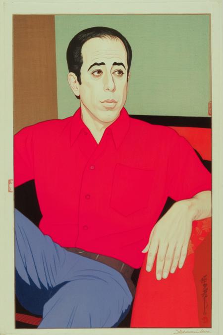 A woodblock print of Jerry Seinfeld, sitting on his couch, shin hanga style <lora:Shin_Hanga_sd1.5_v1:1.1>