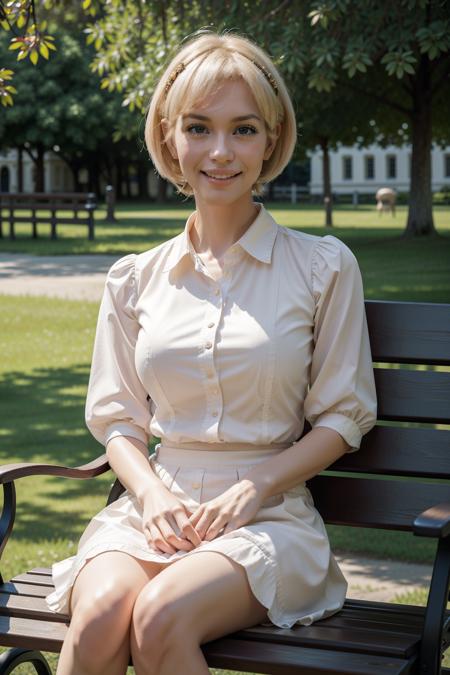 b3linda_n0texist, dressed in a blouse and a short skirt, sitting on a bench in the park, big smile, butterflies, looking at the camera, facing the camera, dynamic lighting, photorealistic, high detail, detailed, masterpiece, 8k, highres, flawless, colour, professional