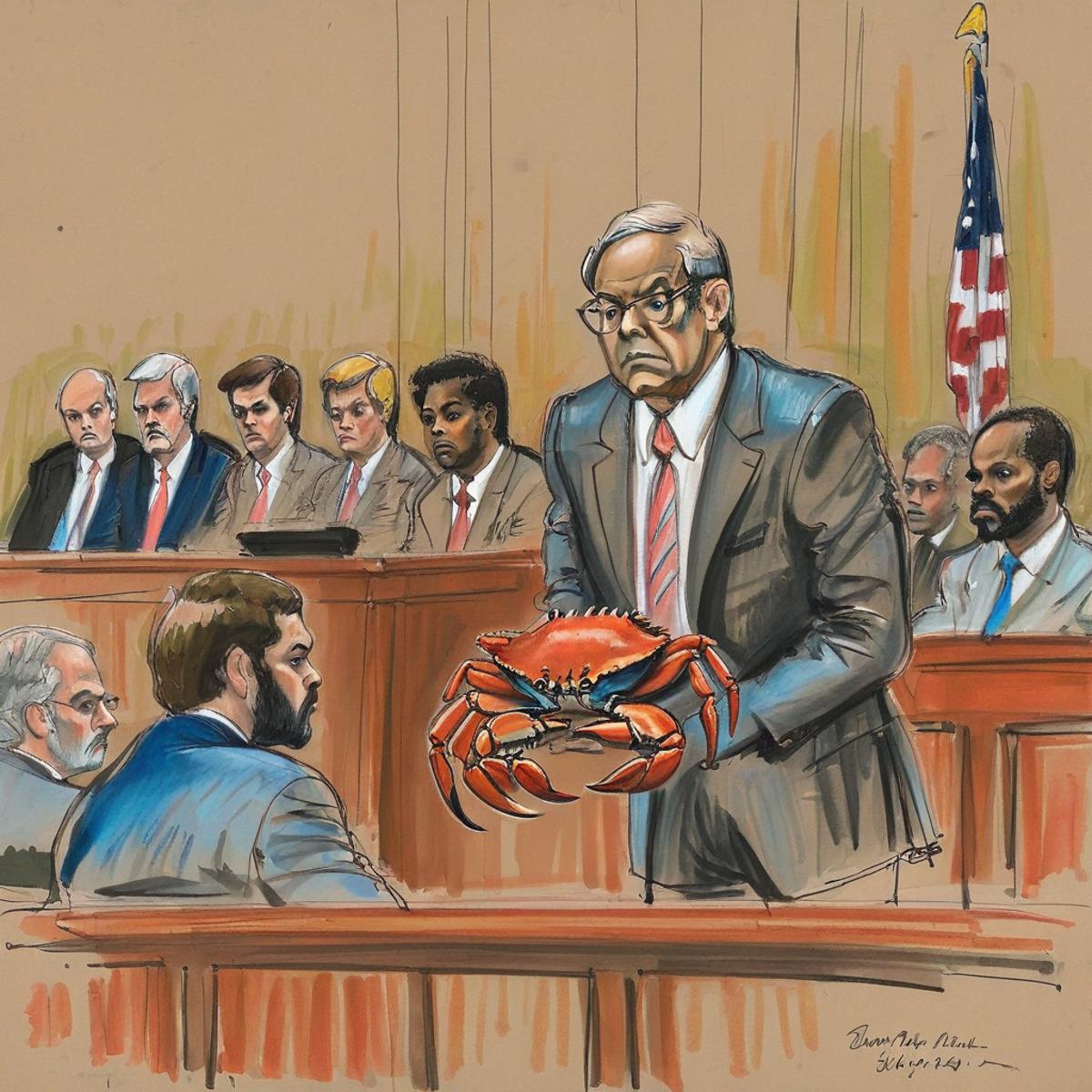 A courtroom scene featuring a man holding a crab in front of a judge and other people.