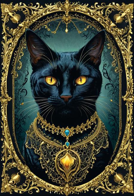 A gothic halftone depiction portrays a menacing-looking black cat with luminescent eyes. The feline dons a collar adorned with a skull-shaped pendant. Centralized in an ornate frame, the illustration features intricate components such as bones, skulls, and bat wings. Beneath the frame, a substantial gem radiates a mystical aura. Enveloped in a dark and enigmatic backdrop, the entire piece exudes a somber, eerie, and occult ambiance.