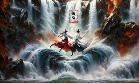 (dramatic, gritty, intense:1.4),masterpiece, best quality, 8k, insane details, intricate details, hyperdetailed, hyper quality, high detail, ultra detailed, Masterpiece,
2girlsholding weaponholding swordduelbattlemidairsingle hair bunblack hairlong hairhair bunlooking at another
outdoorswaterfallwater in the flowingwavessplashingHanfu(Real waterRealistic waterflowing water:1.5)ripples
A shot with tension(sky glows red,Visual impact,giving the poster a dynamic and visually striking appearance:1.2),Chinese Zen style,impactful picture,
<lora:~Q?-p^k{eWaterfall:0.7>