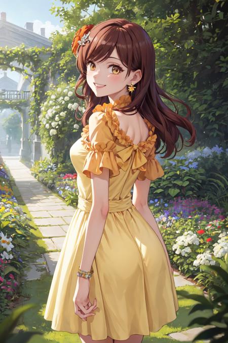 masterpiece, best quality, absurdres, perfect anatomy, 1girl, solo, MaryHunt, hair flower, earrings, from behind, (yellow sundress), garden, day, sunshine, smile, looking back, <lora:MaryHunt:1>