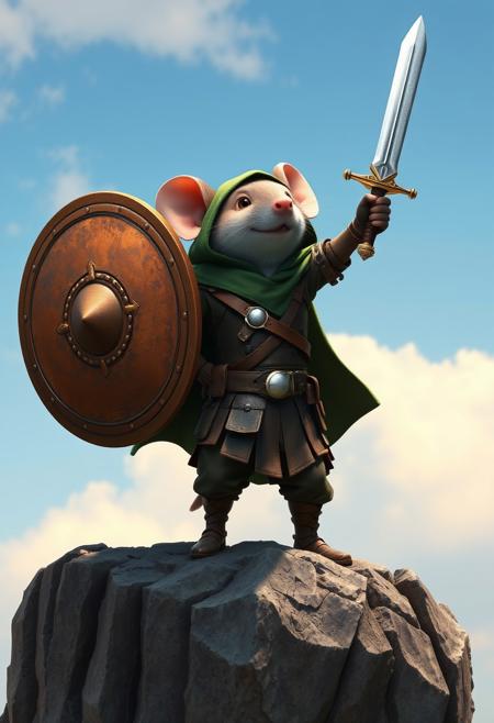 an anthropomorphic mouse that is on top a cliff, he is wearing a cape, and a giant bronze rusted roundshield in one hand at his hip, in the other hand he is raising a sword into the sky in victory. he is wearing a green hooded cloak that is down so his ears are exposed, he is also wearing oversized boots with leather pants and a complex leather vest with many straps, the sky can be seen behind him from the perspective.  the sword glistens in the sky with a subtle lens flare, embody the mouse as a hero. pixar style, fantasy, hd, 4k