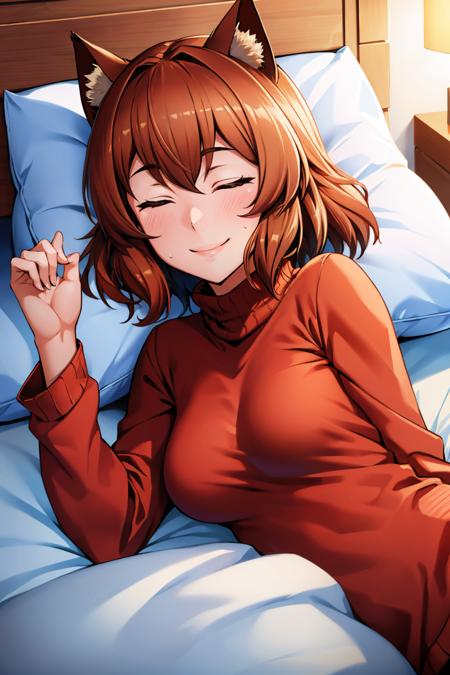 masterpiece, best quality, <lora:anyafromel-nvwls-v1-000009:0.9> anya fromel, cat ears, red sweater, bed, pillow, sweatpants, cat tail, (smile:1.3), sleeping, lying, whole body