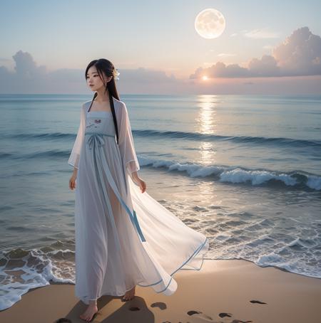 1 girl, modern hanfu, long hair, straight hair, walking on the beach, sea, ocean, cloud, night, moon, short dress, dark theme
<lora:Modern_Hanfu-08:0.6>