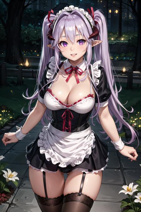 hm_hotengeki, purple hair, hair intakes, hair between eyes, twintails, long hair, purple eyes, demon horns, pointy ears, demon girl, large breasts,  shirt, cleavage, underwear, short sleeves, black thighhighs,black skirt, apron, red ribbon, wrist cuffs, maid, maid headdress, garter straps, black bra, waist apron, lace trim, corset, underbust, lace-trimmed legwear,