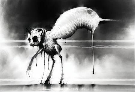 score_9, score_8, score_7_up, score_6_up, by stephen gammell (artist), Stephen Gammell style, (fantasy tavern interior background:1.5), solo, Nightmarish pony, MLP, female, feral pony, amorphic body, (rotting flesh, infected body, fungus growth:1.4), (black fluid dripping:1.3), wings, unicorn horn, long legs, long neck, horror, no eyes, no face:1.5), (side view, full body), (indirect lighting, dynamic lighting:1.4), simple background, (detailed image, high resolution, 5k resolution:1.0), (horror Art Style:1.2), (black and white, grayscale, monochrome:1.5), incredibly detailed (pencil drawing:1.5),