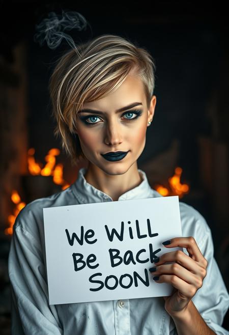 4K, best quality, masterpiece, extremely detailed, an extremely delicate and beautiful, dynamic, realistic anatomy, great lighting, perfect shading, professional shading, depth of field,  blonde woman of 30 years old, smokey eyes makeup with black lipstick, blue eyes, she is holding a sign which says "We Will Be Back Soon",  traces of soot all over her white shirt, short hair shaved on one side with dark roots, disheveled, smoke coming out of her ears, burning room, fire, room completely on fire in the background, walls on fire, smoke, full shot photo, uncropped,  perfect face, perfect anatomy,cute, beautiful, perfect beauty,amazing beauty, pure genious, absolutely perfect, gentle, highly detailed, breathtaking, beautiful smile, Playboy style